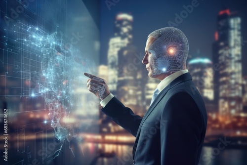 Businessman in suit and artificial intelligence head on abstract city background. Future and AI concept. Double exposure, Businessman leveraging AI technology against a blurry, AI Generated