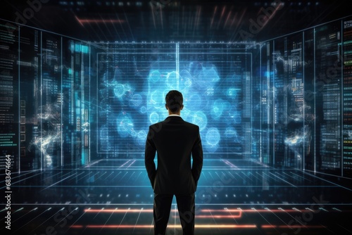 Back view of businessman looking at digital business interface. 3D rendering, Businessman standing in front of a digital big screen hologram displaying business data, AI Generated
