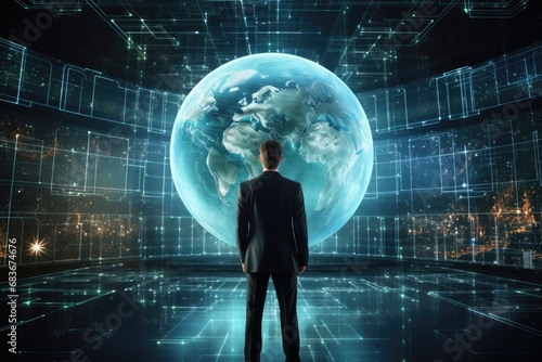 Rear view of businessman looking at planet earth on abstract background with binary code, Businessman standing in front of a large hologram screen displaying, AI Generated