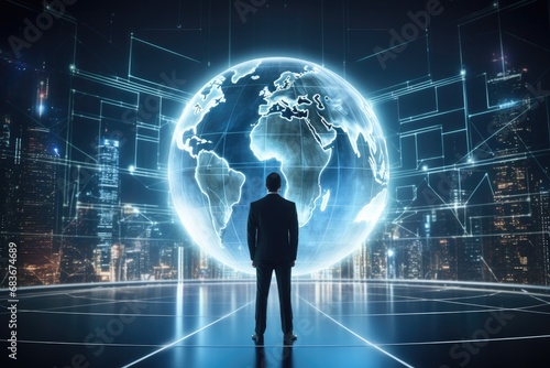 Back view of businessman looking at hologram globe on abstract city background. Global business concept. Double exposure, Businessman standing in front of a large hologram, AI Generated