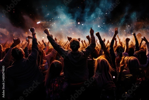 Crowd cheering at a live music concert with hands raised up in the air, Cheering crowd at a rock concert, AI Generated