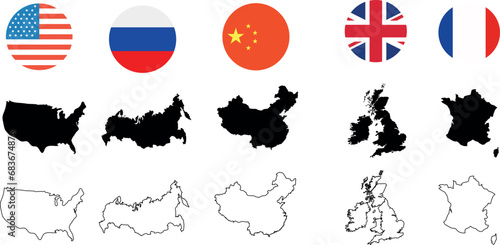 Veto power countries, USA, Russia, China, United Kingdom, France, vector illustration. maps, color flags. Perfect for world politics, international relations, UN Security Council, permanent members