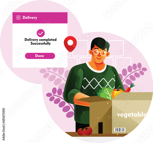 Man is opening a delivery box of vegetables