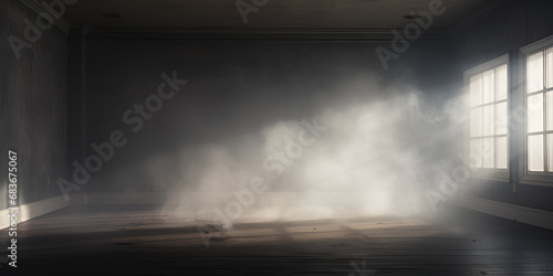 An empty room with a lot of smoke coming out of the window   A blank empty room with a lot of smoke  Generative Ai