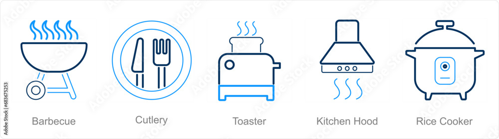 A set of 5 Home Appliance icons as barbecue, cutlery, toaster A set of 5 Home Appliance icons as barbecue, cutlery, toaster