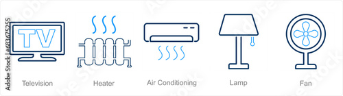 A set of 5 Home Appliance icons as television, heater, air conditioning