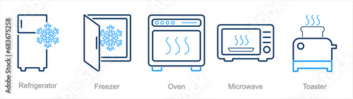 A set of 5 Home Appliance icons as referigerator, freezer, oven