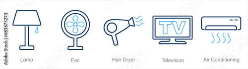 A set of 5 Home Appliance icons as lamp, fan, hair dryer