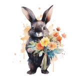 cute bunny hold a single yellow  daffodil in watercolor design isolated on transparent