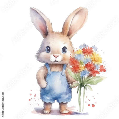 cute bunny hold a single yellow daffodil in watercolor design isolated on transparent