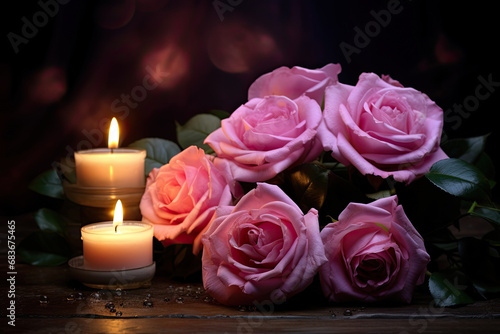 pink roses and candles decoration. valentine concept. 