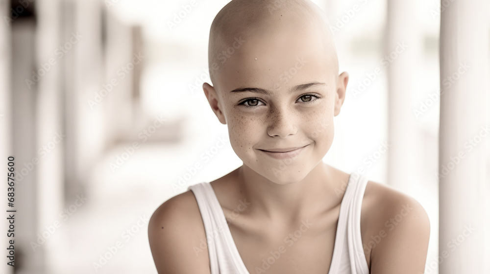 Resilient Caucasian girl battling cancer, optimism radiating from her shaved head post-chemotherapy. Advocating healthcare, embodying childhood cancer awareness on World Cancer Day.