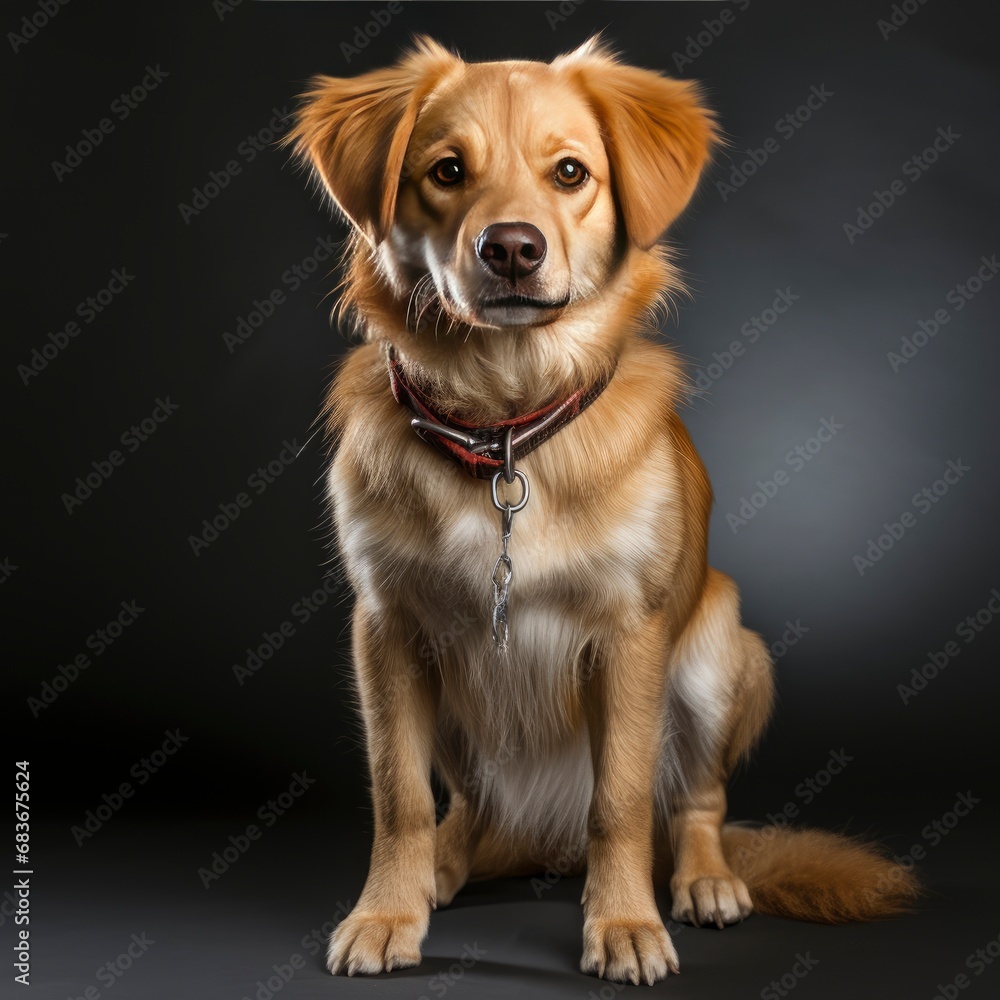 Adorable Golden Retriever Dog Holding Leash, Isolated On White Background, For Design And Printing