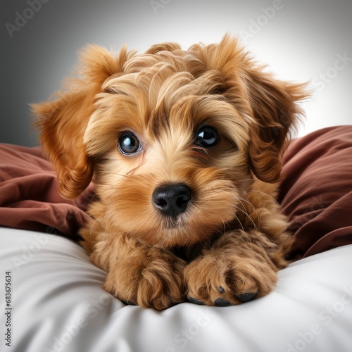 Adorable Red Abricot Labradoodle Dog Puppy, Isolated On White Background, For Design And Printing