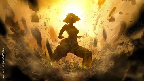 Slender girl kung fu master wielding the power of the elements of the earth, in a low fighting stance mabu She is overwhelmed by the power from which the stones around fly up erasing into dust. 2d art