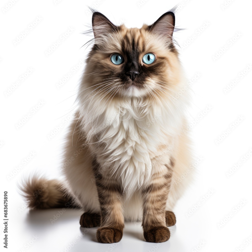 Beautiful Adult Mink Ragdoll Cat Standing, Isolated On White Background, For Design And Printing