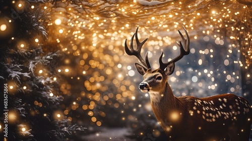 Holiday open air christmas composition with brilliant laurel light and magic deer atmospheric