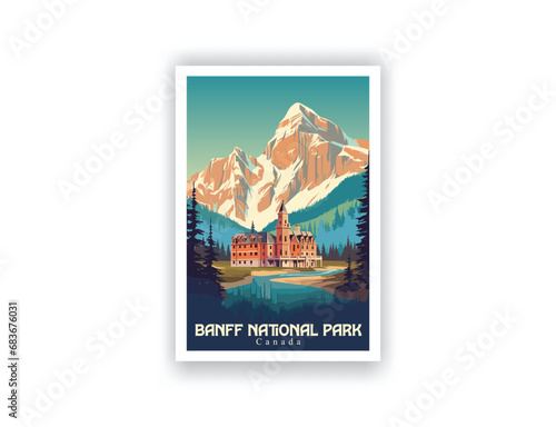 Banff National Park, Canada. Vintage Travel Posters. Vector illustration. Famous Tourist Destinations Posters Art Prints Wall Art and Print Set Abstract Travel for Hikers Campers Living Room Decor 