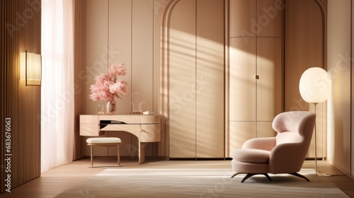 Dressing table and stump chair. Interior design of modern bedroom with wooden