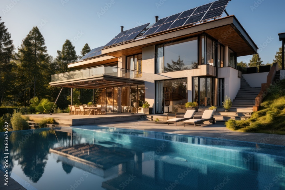 Exterior of beautiful modern house with solar panels on roof. Luxury