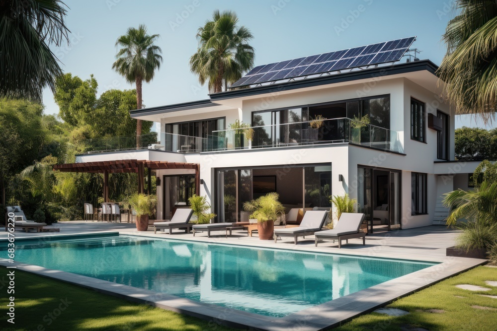 Exterior of beautiful modern house with solar panels on roof. Luxury