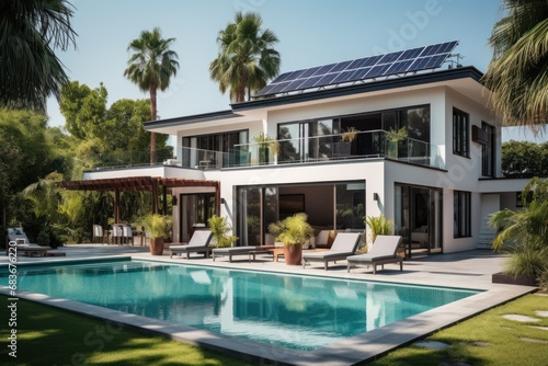 Exterior of beautiful modern house with solar panels on roof. Luxury