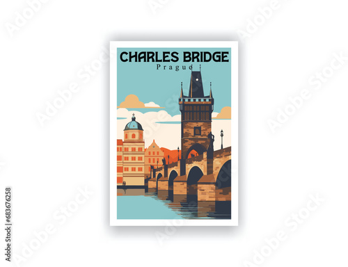 Charles Bridge, Prague. Vintage Travel Posters. Vector illustration. Famous Tourist Destinations Posters Art Prints Wall Art and Print Set Abstract Travel for Hikers Campers Living Room Decor 