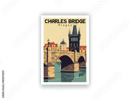 Charles Bridge, Prague. Vintage Travel Posters. Vector illustration. Famous Tourist Destinations Posters Art Prints Wall Art and Print Set Abstract Travel for Hikers Campers Living Room Decor 