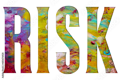 Abstract Natural Luxury art, fluid painting with Risk text, alcohol ink technique. Image incorporates the swirls of marble granite.