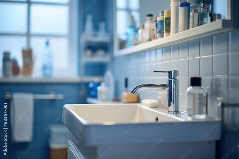Bathroom sink, blue tile design. Close-up, selective focus of a chrome tap Bathroom sink, blue tile design. Close-up, selective focus of a chrome tap
