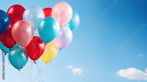 Group of colorful festive glossy balloons on blue background.