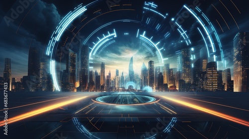 Futuristic Cityscape in a Circular Frame with Red and Blue Light Trails