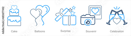 A set of 5 Honeymoon icons as cake, balloons, surprise