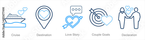 A set of 5 Honeymoon icons as cruise, destination, love story