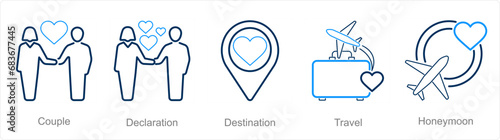 A set of 5 Honeymoon icons as couple, declaration, destination