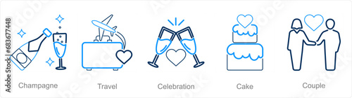 A set of 5 Honeymoon icons as champagne, travel, celebration