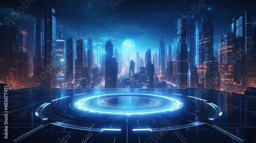 Futuristic Cityscape at Night with Glowing Skyscrapers and a Central Circular Structure