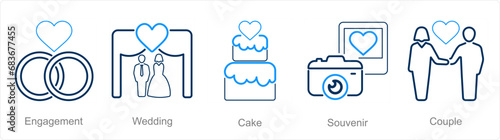 A set of 5 Honeymoon icons as engagement, wedding, cake
