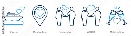 A set of 5 Honeymoon icons as cruise, destination, declaration