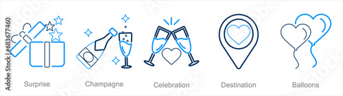 A set of 5 Honeymoon icons as surprise, champagne, celebration