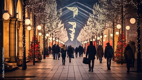 People walk at the christmas showcase within the merry stylistic layout of the roads. exhibition and shopping shopping centers within the city center