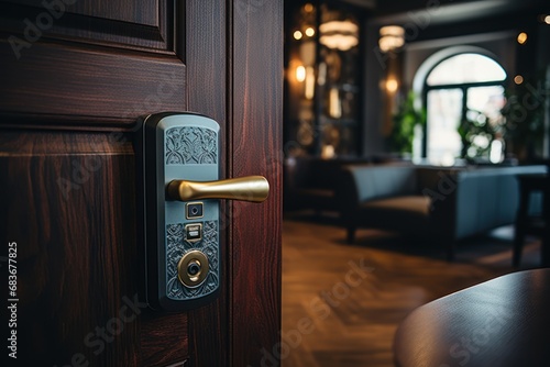 Hand using electronic smart contactless key card for unlock door in hotel or house photo