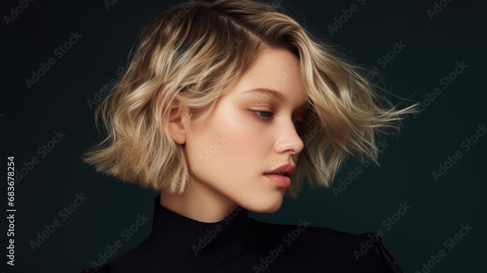 Studio portrait of a young blonde woman with a short haircut on a gray background. Fashion and beauty. Studio portrait of a young blonde woman with a short haircut on a gray background. Fashion and beauty.