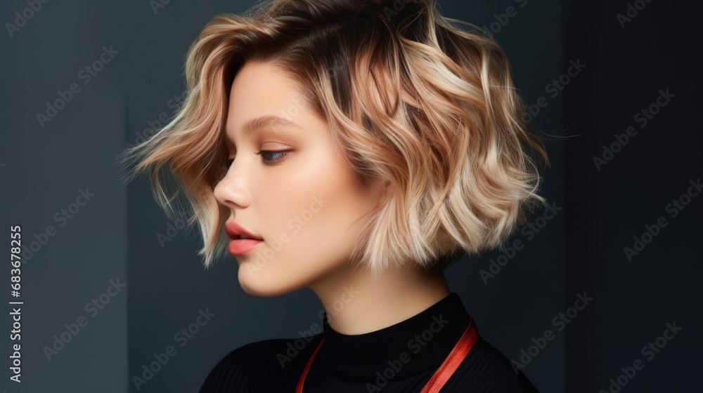Studio portrait of a young blonde woman with a short haircut on a gray background. Fashion and beauty. Studio portrait of a young blonde woman with a short haircut on a gray background. Fashion and beauty.