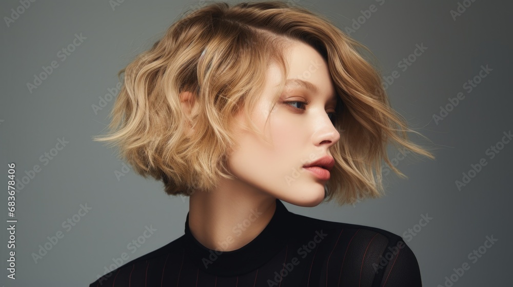 Studio portrait of a young blonde woman with a short haircut on a gray background. Fashion and beauty. Studio portrait of a young blonde woman with a short haircut on a gray background. Fashion and beauty.