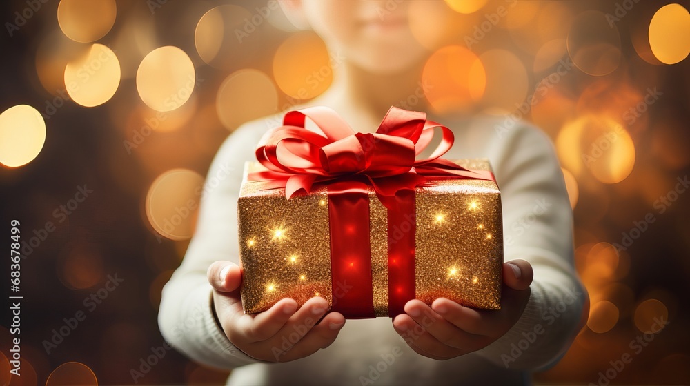 Small christmas blessing box with a ruddy bow in childrens hands on an light background Small christmas blessing box with a ruddy bow in childrens hands on an light background