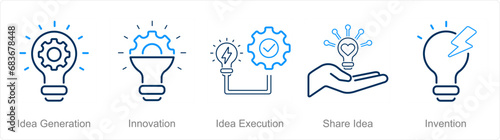 A set of 5 Idea icons as idea generation, innovation, idea execution