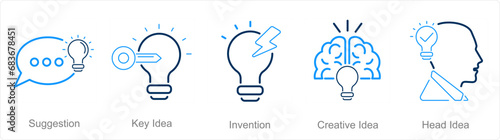 A set of 5 Idea icons as suggestion, key idea, invention