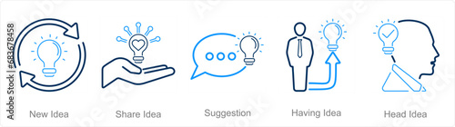 A set of 5 Idea icons as new idea, share idea, suggestion
