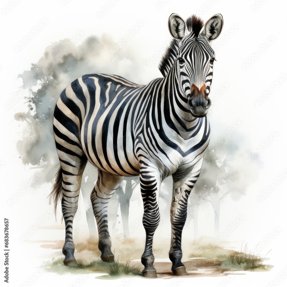 Fototapeta premium Zebra Watercolor Illustration isolated background. Generative AI